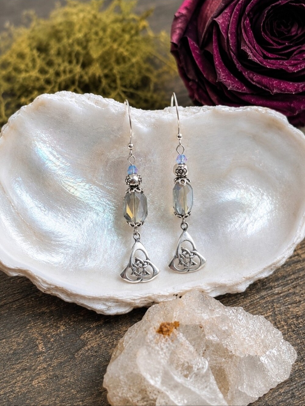Handmade Celtic Knot Swarovski Crystal Dangle Earrings .925 Sterling Silver